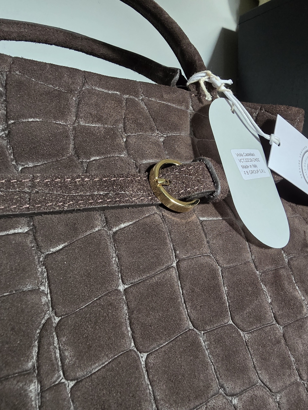 Genuine Leather Croc-Embossed Brown Suede Satchel with Top Handles - Picture 4 of 12
